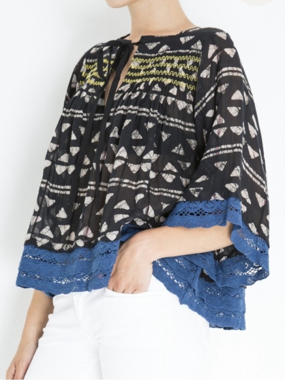 Warm Black and White Printed Pleated Top